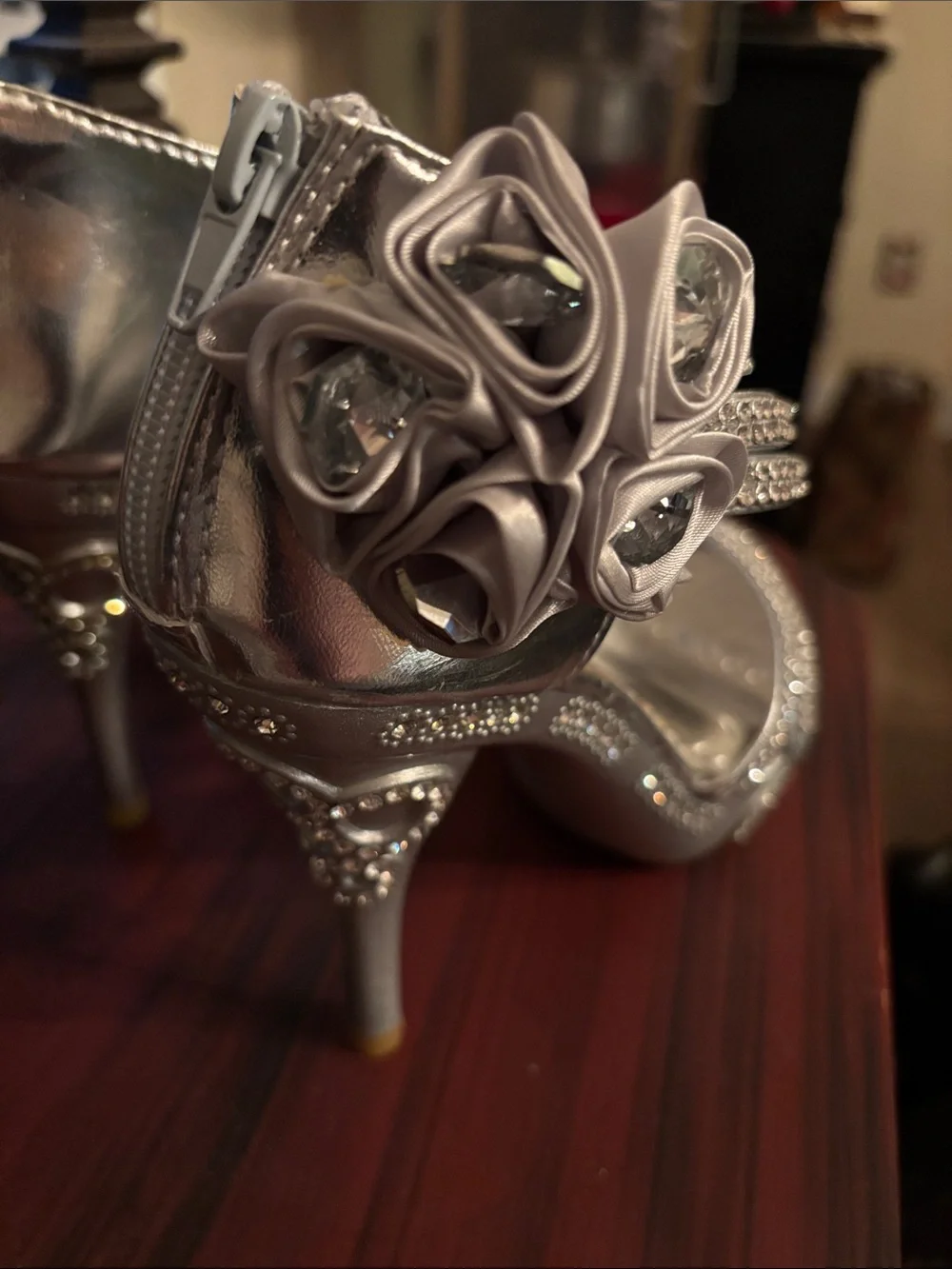 Glamour Silver Crystal-Strap Floral Accent High Heel Sandals